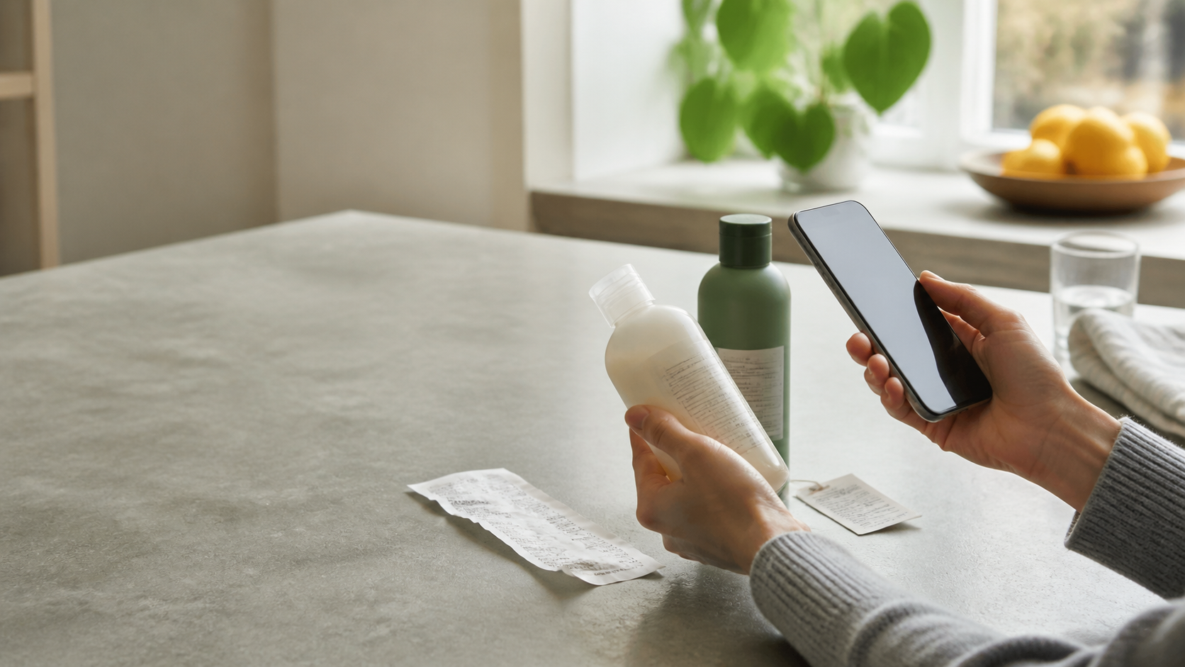 En forbruger sammenholder produkter, mærkater og en kvittering med sin telefon